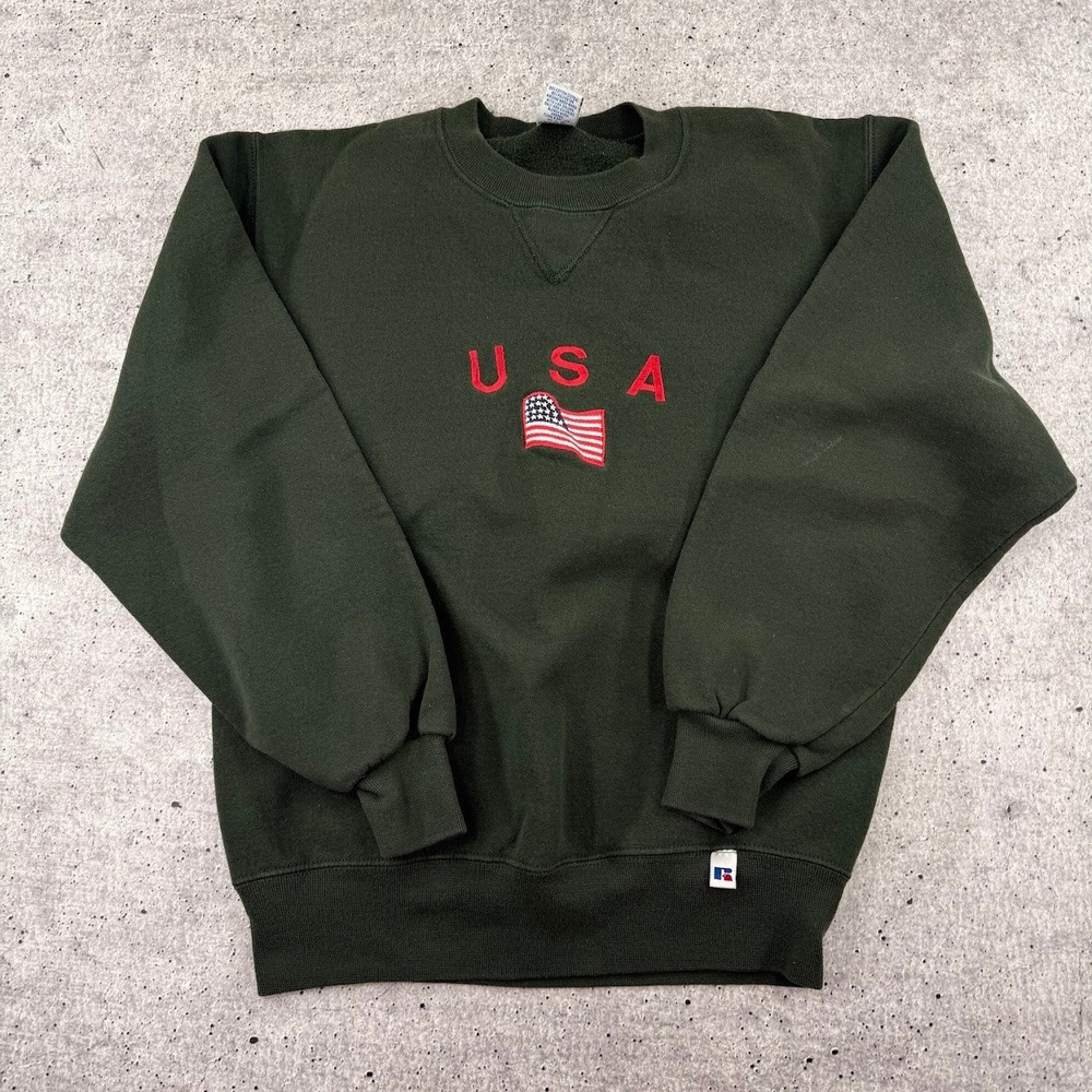 Russell Athletic Green Made in USA American Flag Embroidered Adult S Sweatshirt